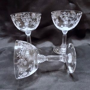Vintage Set of 3 Fostoria Bouquet Etch Crystal Cocktail Stems 4 1/4"